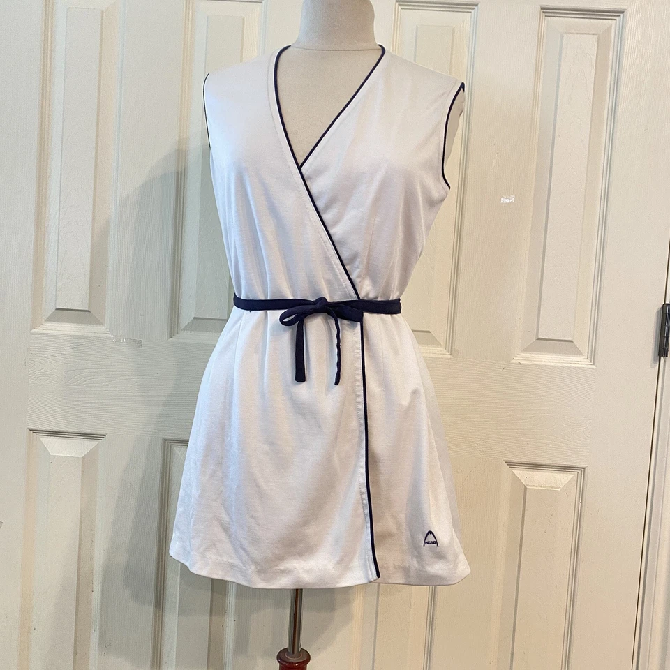 Vintage 80s HEAD Tennis Wrap Mini Dress Pickleball Golf White/Black Ribbing 14 - Image 2 of 4