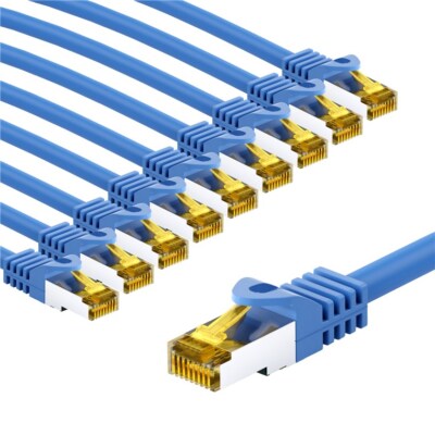 Patchkabel CAT 6A S/FTP (PiMF), 500 MHz mit CAT 7 Rohkabel, 2 m, blau, 10er Set