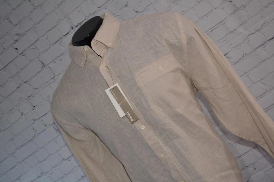 47172-a Bruno Hawaiian Shirt Tan Linen Cotton Blend Size Large Mens NEW - Image 3 of 4