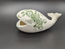 Vintage Ceramic White Whale w Green Floral Design Ashtray