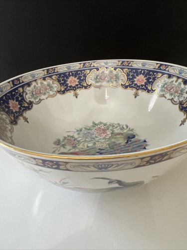 Vtg TOYO JAPAN Large 8’ Round CENTERPIECE Peacock BOWL Blue Gold Asian - Picture 22 of 24