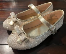 Girls Gold Glitter Mary Jane Dress Shoes with Bow, Strap, Size 1