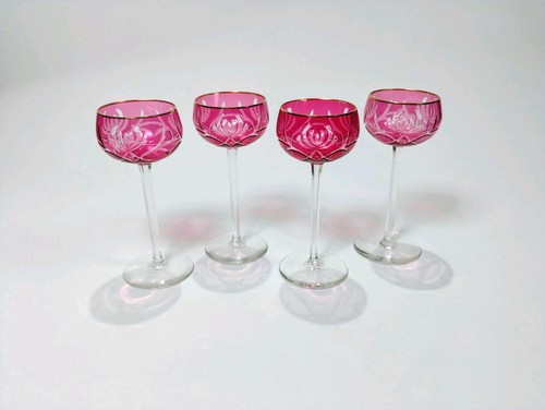 Vintage Red Cranberry Crystal Wine Glasses Cut To Clear w/ Gold Rim 7" Set of 4