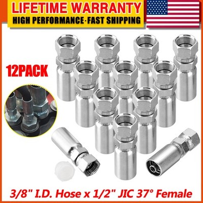 New-12 Pack 3/8'' Hydraulic Hose Fittings, 3/8'' I.D. Hose x 1/2'' JIC 37° Female