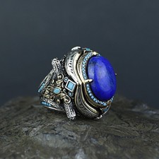 Anello uomo in argento 925 con sigillo lapislazzuli ovale pietra preziosa lapislazzuli