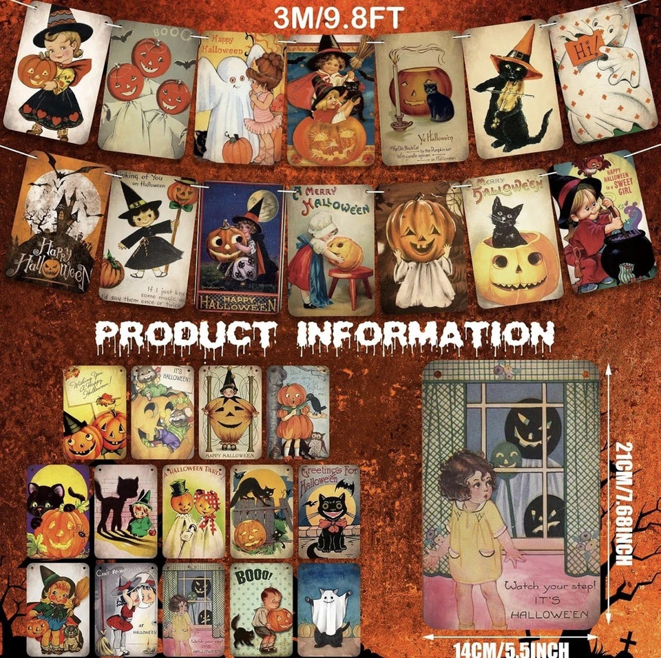 Banner colgante vintage de 4 piezas decoraciones de Halloween retro calabaza gato banderín Foto 3 de 4