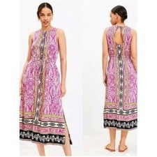 LOFT Pink Paisley Damask Border Print Sleeveless Midi Dress L Drawstring Boho