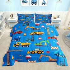 Construction Comforter Set Boys Size Excavator Bedding Set with 2 Full Blue