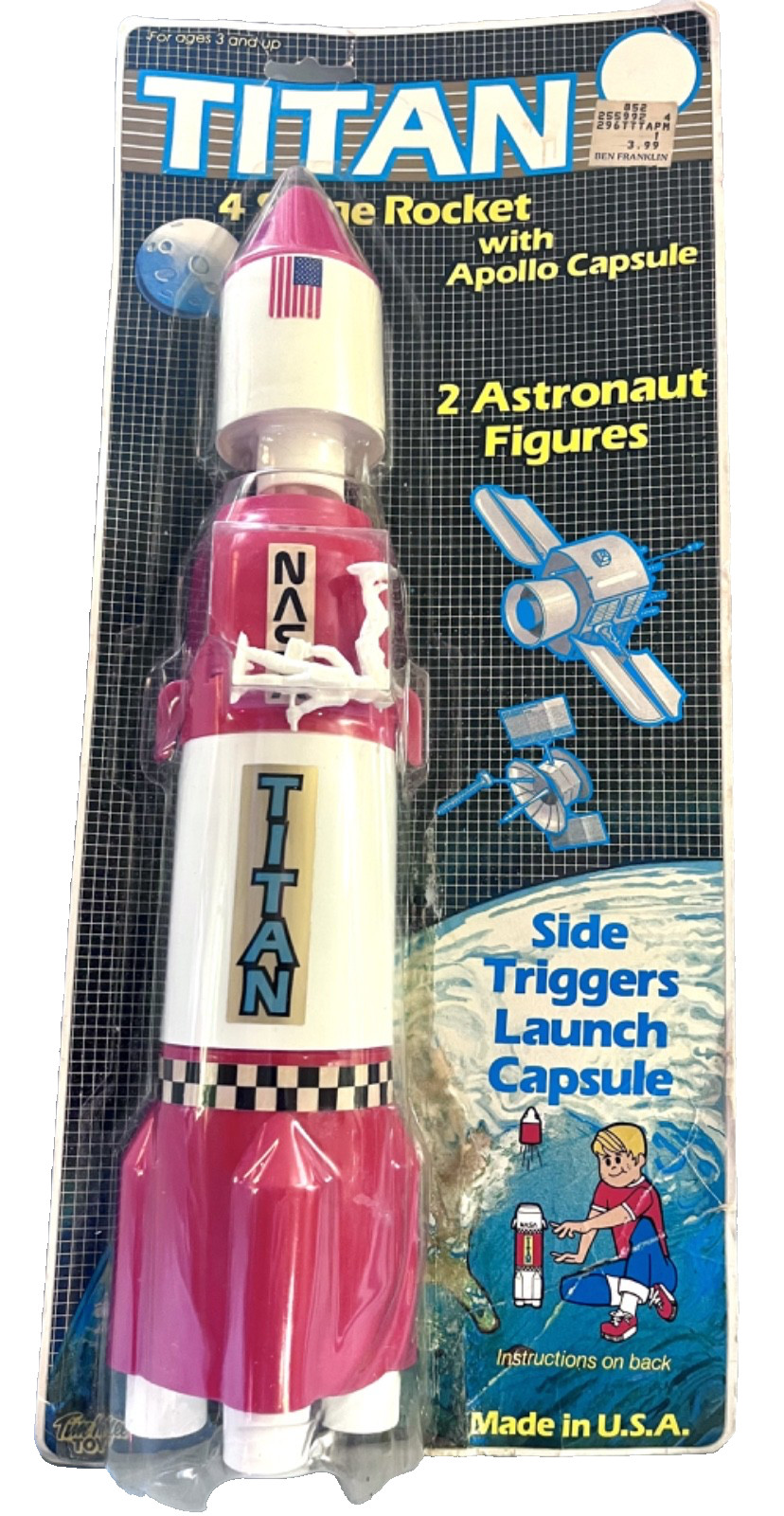 Cohete Tim Mee Titan NASA de 4 etapas con 2 figuras de astronautas, completo y probado