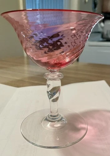 Carder Steuben Cranberry Optic Swirl Twist Stem Goblet