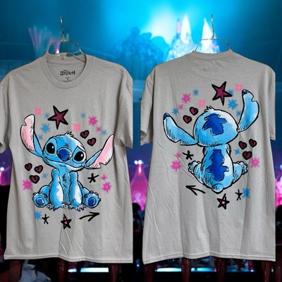 Disney Women Stitch T-shirt Size S Gray Glitter Stars & Hearts LILO & STITCH New
