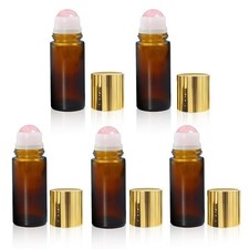5 Pack Rose Quartz Roller Bottles for Essential Oils, 50ml Refillable Amber G...