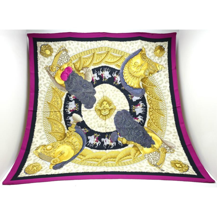 Hermes Carre90 Casques Et Plumets Silk Scarf 100 Purple Multicolor