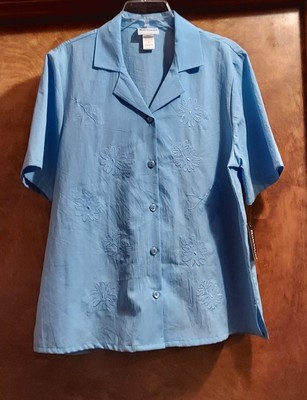 NWT-Bon Worth Blouse SS, Button-front Sz M, Embroidered, Delta Blue, Style 37770