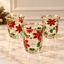 Set Of 3 Fifth Avenue Crystal Hand Painted Poinsettia Votive Candle Holders.