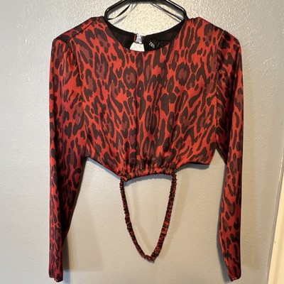 Red/Black Leopard Animal Print Chiffon Tie Back Cropped Blouse Long Sleeve S