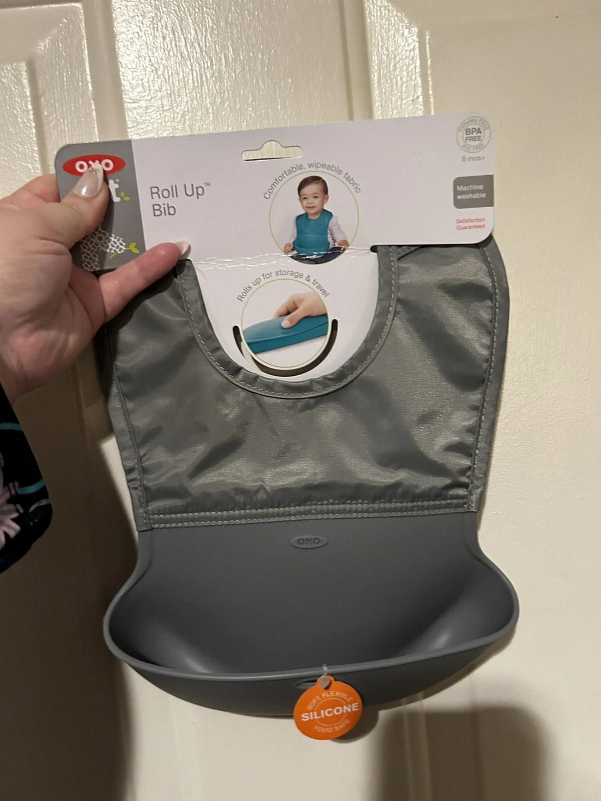 TWO NWT OXO Tot Roll Up Bib Comfortable Wipeable Fabric BPA Free PVC Free Gray