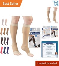 Sheer Compression Stockings Women Knee High Open Toe 15-20 mmHg Nude Large