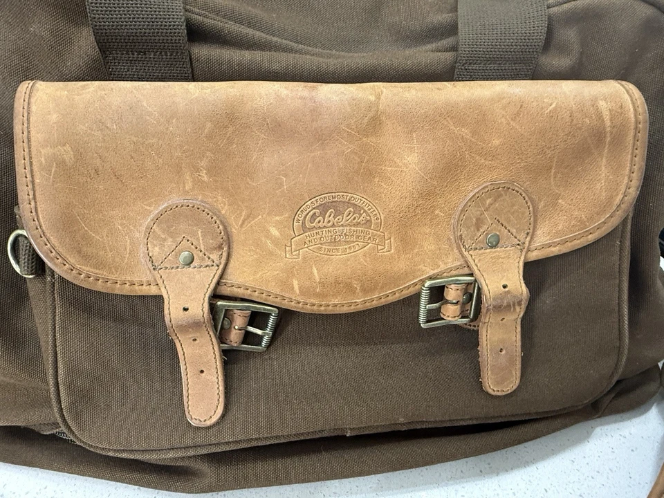 Cabelas Marrón Oliva Lona y Cuero Grande/XL Bolsa de Lona Pesca Caza Camping Foto 3 de 4