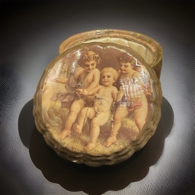 Vintage Decoupaged Trinket Box Victorian Cherub Children Roses Padded Mirror