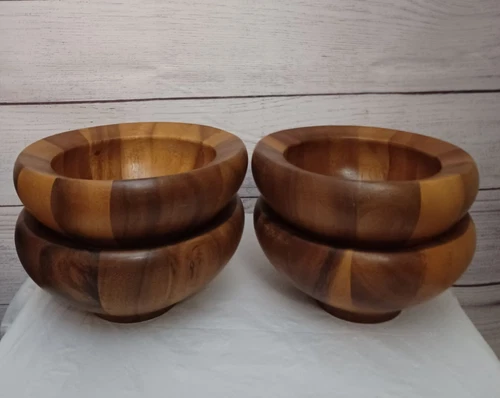 Vintage MCM Acacia 7" Wooden Salad Bowl Set of 4 Thick & Round READ