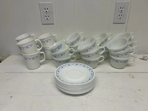 Huge Lot Corelle and Pyrex Morning Blue Coffee Mug Tea Cups Saucers 37 Pc Set