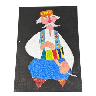 Folk Art Figure Painting Signed Jovan Obican Naive Colorful Man Textured Judaica