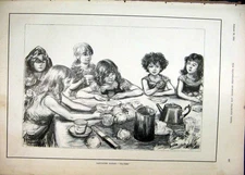 Original Old Antique Print 1892 Pantomime Fairies Tea-Time Little Girls 19th