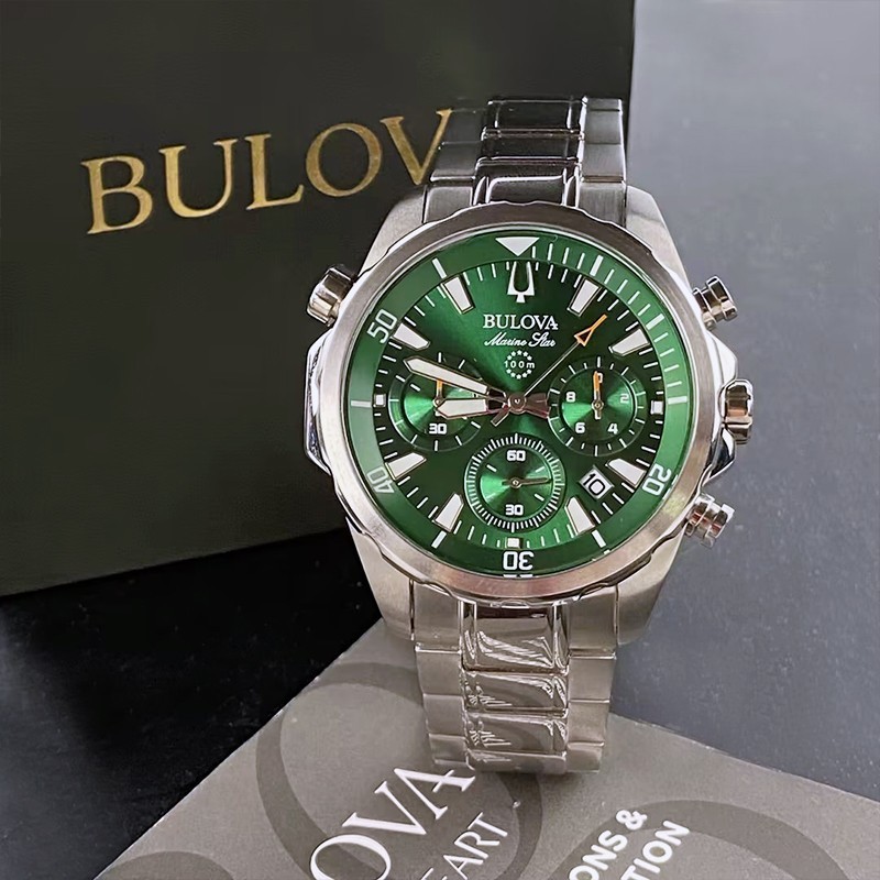 Reloj cronógrafo de cuarzo con esfera verde Bulova Marine Star 96B396 para hombre 43 mm