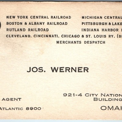 c1920s New York Central Lines Railroad Visitenkarte Omaha NE Big Four RR Agent