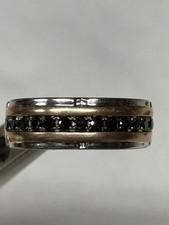 10k Two tone White Gold Band Ring Channel-Set Black Diamonds 8mm Wide Size 9.5