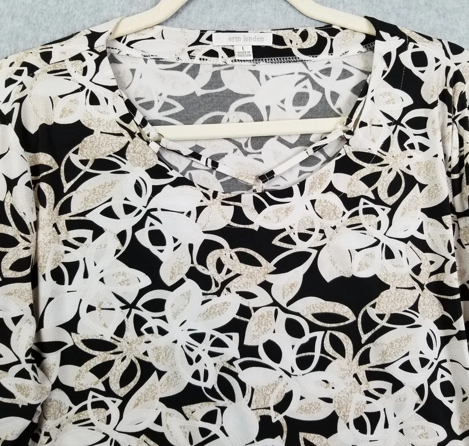 Camiseta deportiva elástica Erin London Top para mujer grande L negra beige blanca floral manga 3/4 Foto 2 de 4