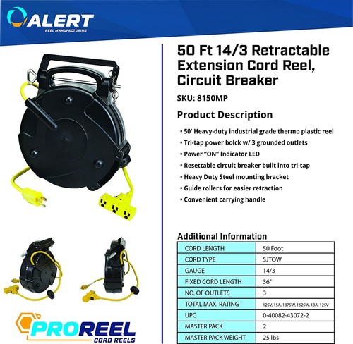 Carrete de cable de extensión retráctil industrial de alta resistencia Alert 8150MP con dos/tri-Tap - Imagen 5 de 5