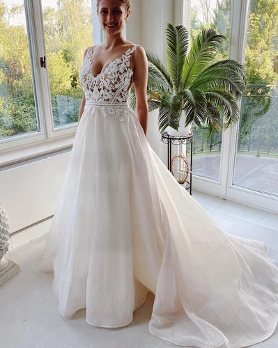 Boho Chiffon Brautkleid Hochzeitskleid Illusion Spitze Korsage m.Träger Summer - Bild 2 von 8