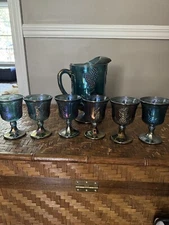 Indian Harvest Vintage Blue Grape Pitcher And 6 Glasses