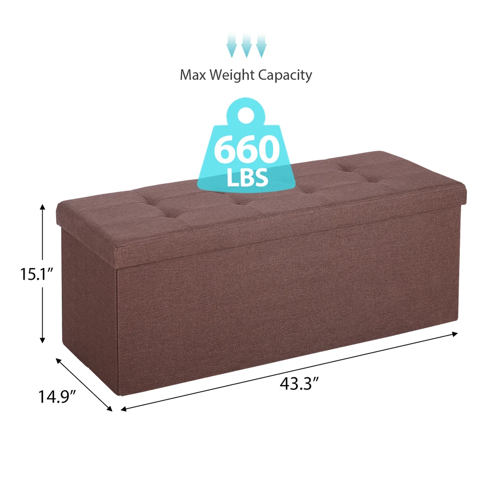 43" Folding Ottoman Bench Storage Organizer Chest Footrest Stool W/Divider Brown - Image 2 of 4