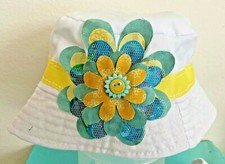 Hand-Made Little Girl's Bucket Hat in White with Yellow Sun Theme Size 2-6 years