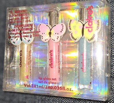 3 PC CLAIRE'S LIP GLOSS SET BUTTERFLY BUTTERFLIES GIFT STOCKING