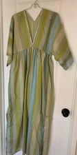 Belly Dancing Costume - Blue/Green Striped Caftan with Silver Trim Hip Scarf