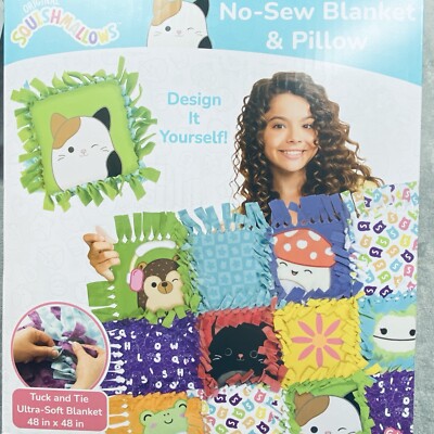 Squishmallows Pattern No-Sew Blanket & Pillow Tween DIY Craft Kit, Multicolor