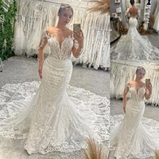Mermaid Wedding Dresses Long Sleeve Backless Lace Applique Plus Size Bridal Gown