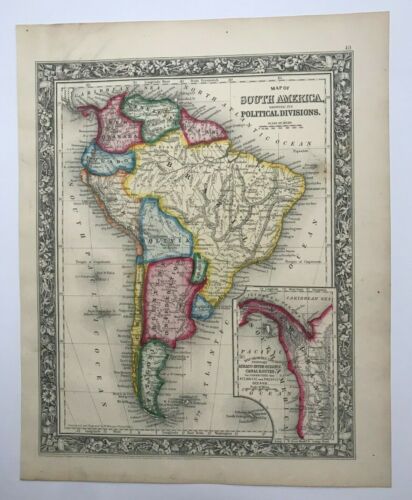MAPA GRANDE MITCHELL ANTIGUO GRABADO DE AMÉRICA DEL SUR 1860 SIGLO 19 - Imagen 1 de 6