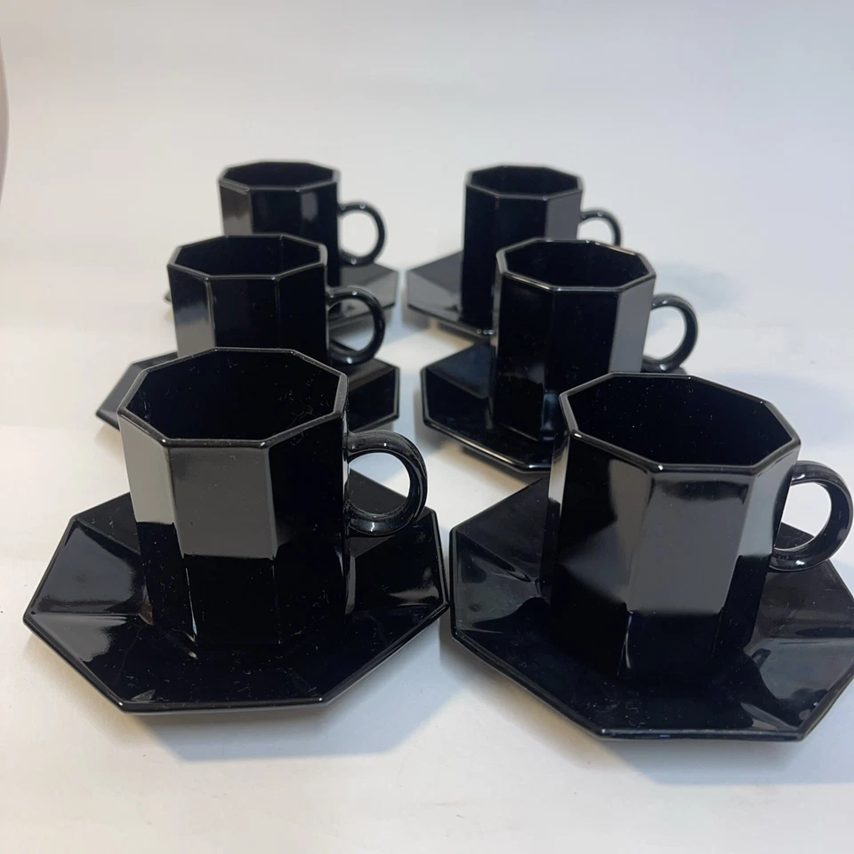 French ARCOROC ESSO COLLECTION Octagonal Black Espresso Cups & Saucers X 6 - Image 2 of 4
