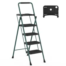 HBTOWER 4 STEP LADDER HANDRAILS FOLDING STEP STOOL PORTABLE STEEL - DARK GREEN
