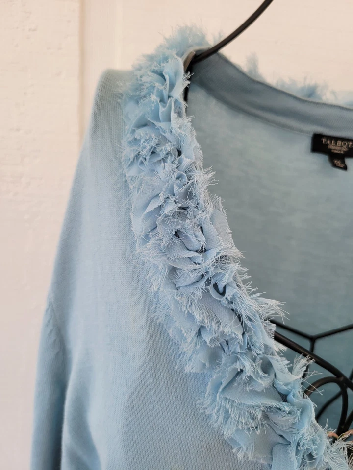 Talbots 2X Cardigan Sweater Flower Trim Blue Ruffle Chiffon Soft Knit V Neck - Image 2 of 4