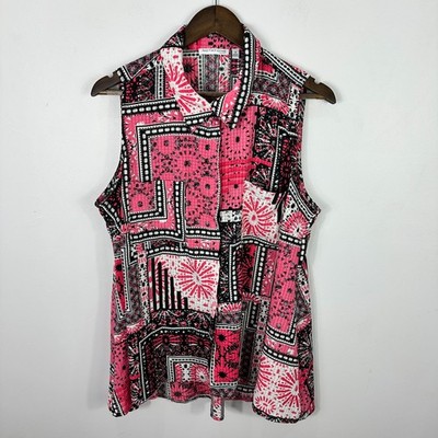 Notations Sleeveless Top Womens 1X Pink Geometric Patchwork Boho Indie Vacation