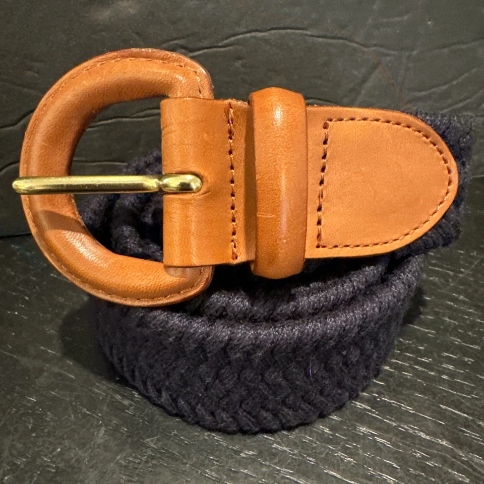 Cinturón Talbots Mujer L Azul Marino Trenzado Algodón Elástico Marrón Cuero Hebilla Cubierta Foto 2 de 4