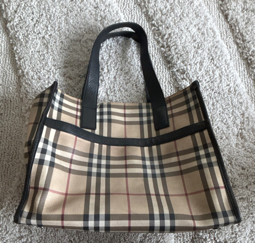 Burberry Nova Check Plaid Tote Bag Zip Closure Red Lining Inner Pockets