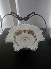Vintage BRIDES BASKET   FENTON  Ruffled Milk glass hand painted  Bowl.