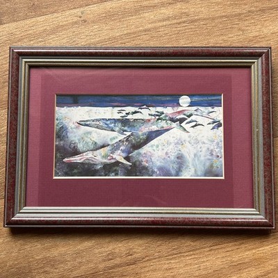Vintage gerahmter Wal Delfin Druck Ozean Meer Marine Wandbild Mond Aquarell
